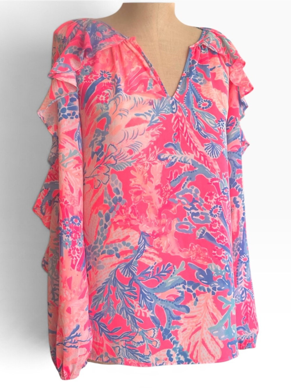 Lilly Pulitzer Elora Ruffle Shoulder Blouse Pascha Pink Aquadesiac Small EUC